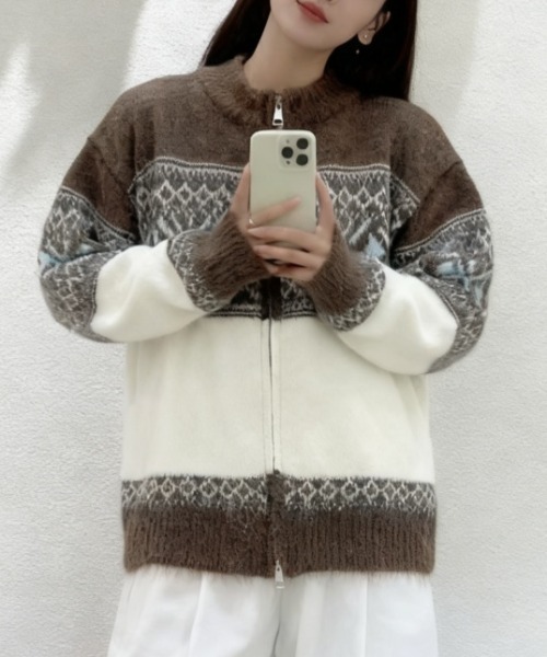 カーディガン ゆったりフェアアイルジップニットカーディガン