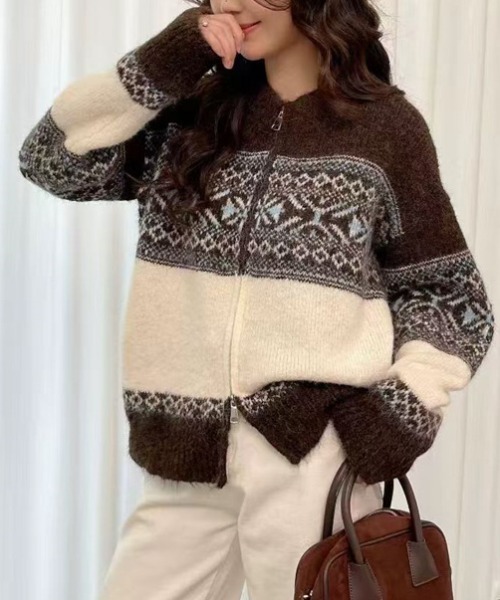 カーディガン ゆったりフェアアイルジップニットカーディガン