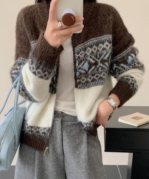 カーディガン ゆったりフェアアイルジップニットカーディガン