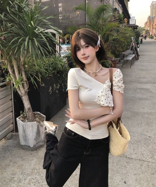 andwang Classic Petit Ribbon Tee 半袖 tシャツ 半袖 ドットリボンワンショルダートップス レディース