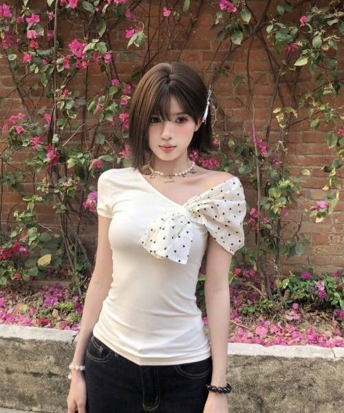 tシャツ ドットリボンワンショルダートップス レディース : ZOZOTOWN