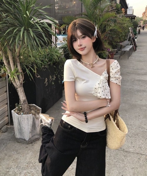 tシャツ 半袖 ドット柄リボンワンショルダートップス レディース
