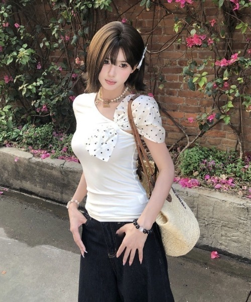 ネックリボンワンショルダーTシャツ tシャツ ドットリボンワンショルダートップス レディース : ZOZOTOWN