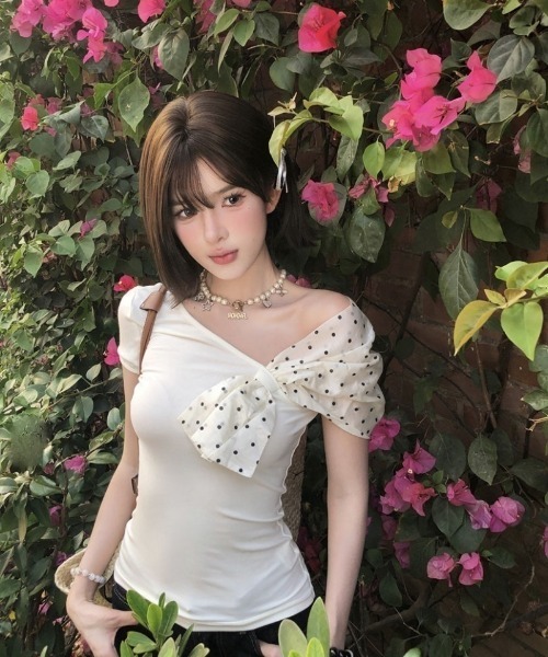 tシャツ 半袖 ドット柄リボンワンショルダートップス レディース
