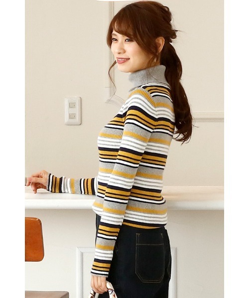 ニット セーター マルチ ボーダー タートルニット レディース ElegChic ニット セーター マルチボーダータートルネックニット