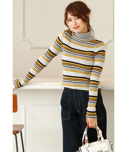 ニット セーター マルチ ボーダー タートルニット レディース ElegChic ニット セーター マルチボーダータートルネックニット