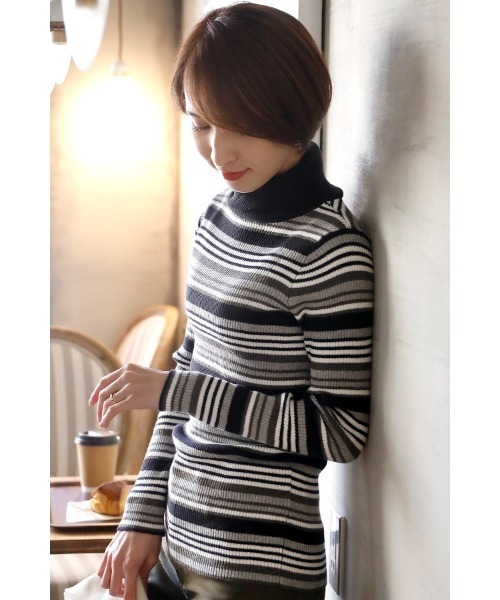 ニット セーター マルチ ボーダー タートルニット レディース ElegChic ニット セーター マルチボーダータートルネックニット