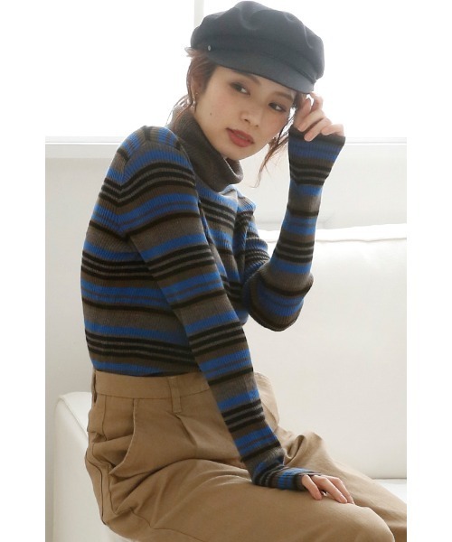 ニット セーター マルチ ボーダー タートルニット レディース ElegChic ニット セーター マルチボーダータートルネックニット
