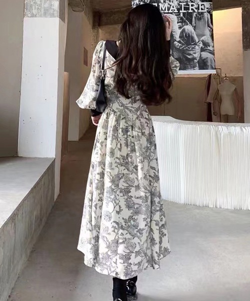 ワンピース 襟付き フラワー柄 配色ワンピース / フラワーモチーフ