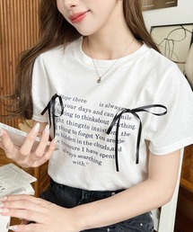 tシャツ リボン付きハートロゴプリント半袖Tシャツ レディース