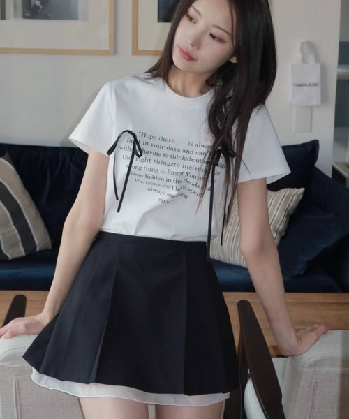 tシャツ リボン付きハートロゴプリント半袖Tシャツ レディース