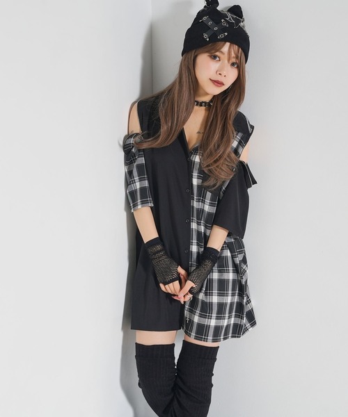 ブラウス シャツ 2way肩ジップドラゴン柄配色半袖シャツ レディース Diable baiser ブラウス シャツ 2way肩ジップドラゴン柄配色半袖