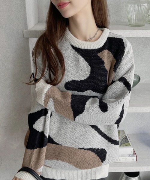 Ada. ニット セーター カシミヤタッチ ジャガード マーブル柄 ニット