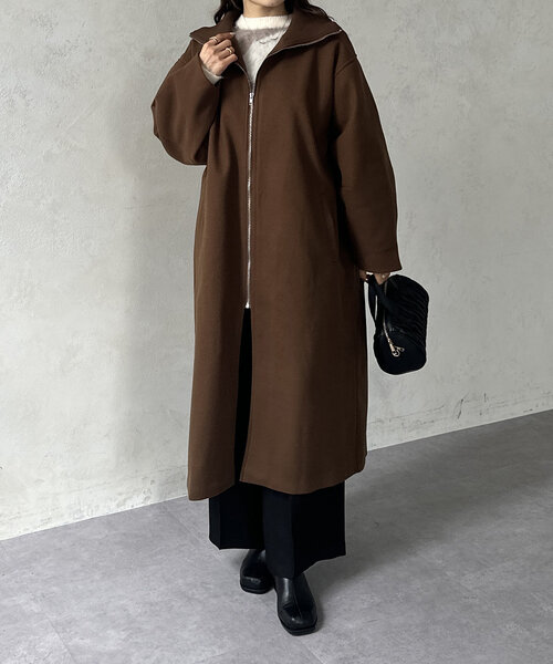 クロエ ロングコート ウール レザーリボン ブラウン 36 S〜M マオカラー 中古・古着通販】Chloe (クロエ) バルキーウールコート ブラウン