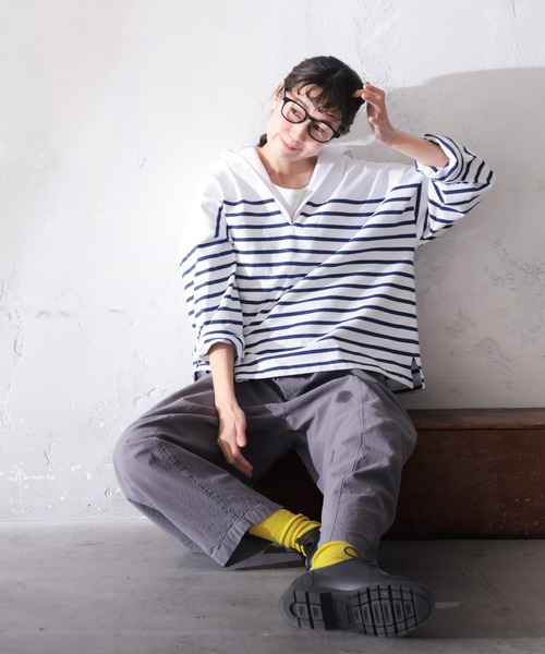 tシャツ おてんばblueセーラー襟のボーダーカットソー レディース