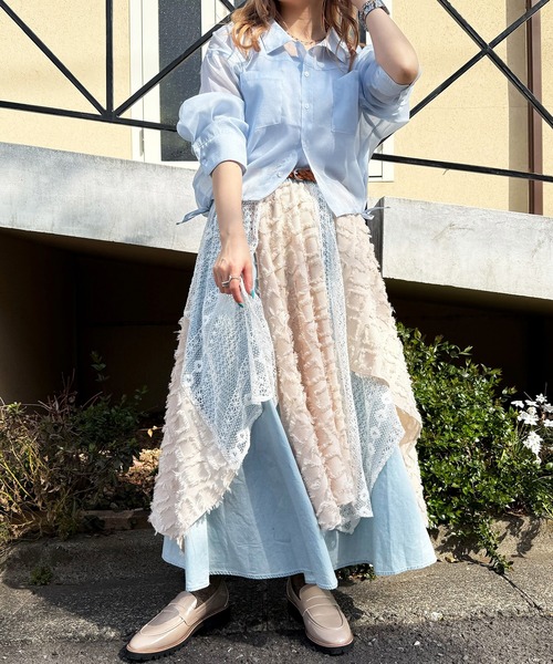 DOUBLE NAME スカート フリンジレースランダムヘムスカート