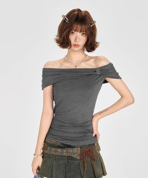 tシャツ オフショルダー リボンディティール 半袖トップス GH25s091「Girlyhalo」 レディース