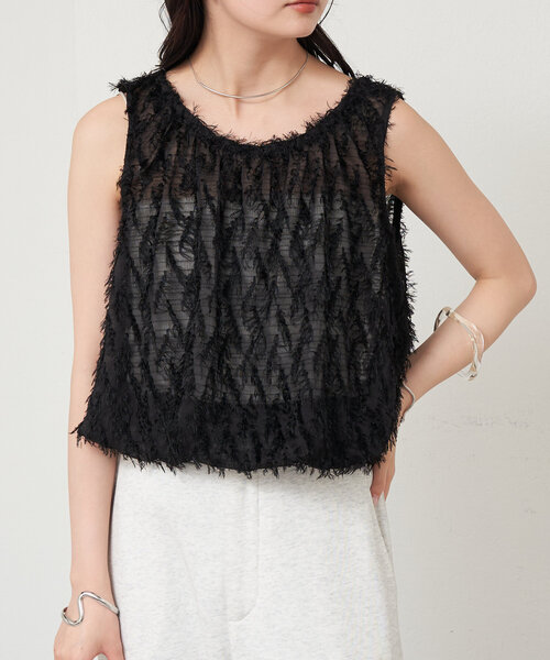 seyto 完売品 / ジャガードフリンジノースリーブトップス ブラック seyto（セイト）の「Jacquard fringe sleeveless tops