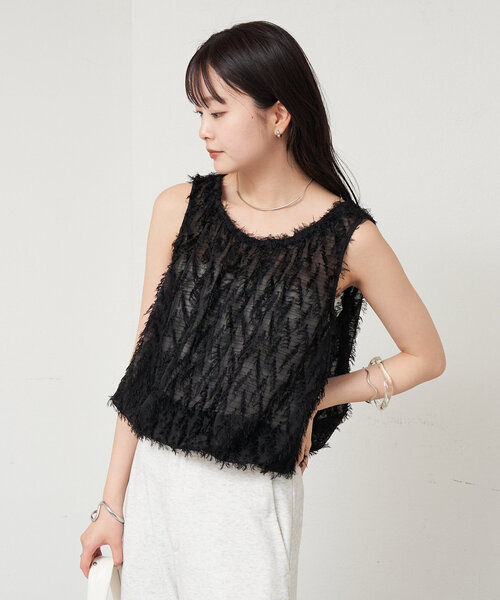 mystic タンクトップ ノースリーブ ジャガードフリンジタンク