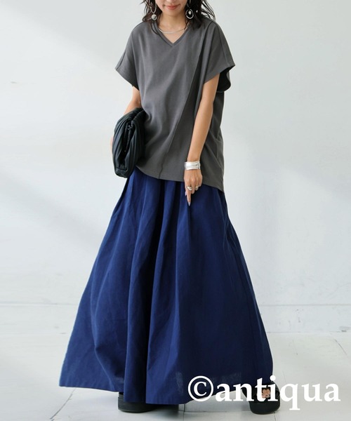 tシャツ コーデセット シュッと美トップス×リネンスカート レディース antiqua tシャツ コーデセット シュッと美トップス×リネン