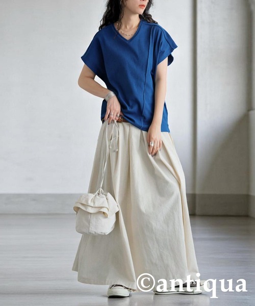 tシャツ コーデセット シュッと美トップス×リネンスカート レディース antiqua tシャツ コーデセット シュッと美トップス×リネン