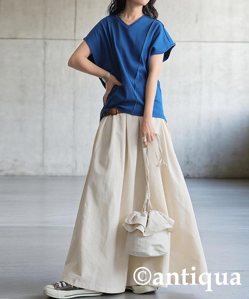 tシャツ コーデセット シュッと美トップス×リネンスカート レディース antiqua tシャツ コーデセット シュッと美トップス×リネン