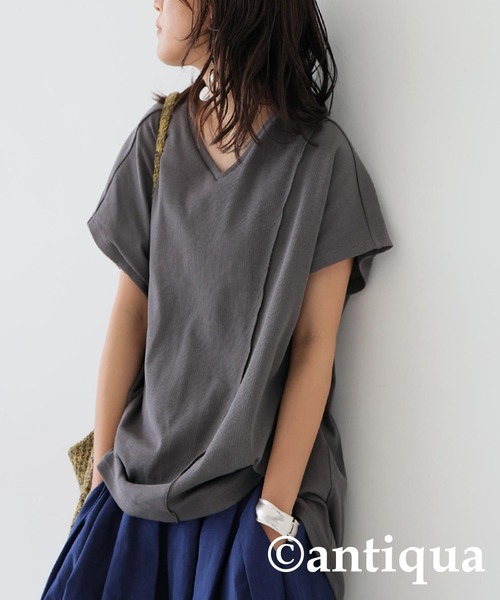 tシャツ コーデセット シュッと美トップス×リネンスカート レディース antiqua tシャツ コーデセット シュッと美トップス×リネン
