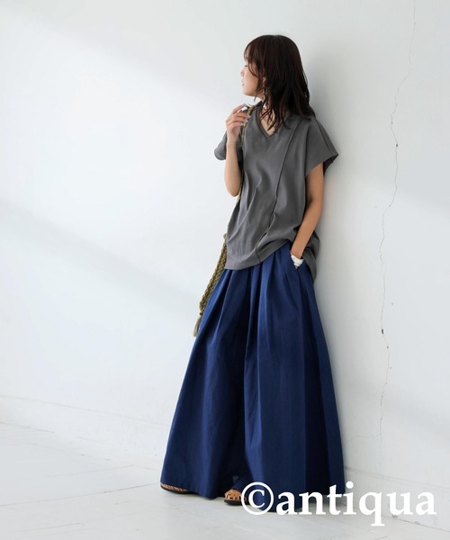 tシャツ コーデセット シュッと美トップス×リネンスカート レディース antiqua tシャツ コーデセット シュッと美トップス×リネン