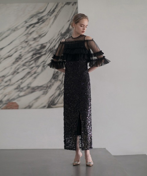 レジャ Leja チュールフリルオフショルダースパンコールIラインドレスワンピース2点セット美脚効果結婚式 パーティードレス 成人式 二次会 同窓会 Leja ドレス 「LEJA」チュールフリルオフショルダースパンコール