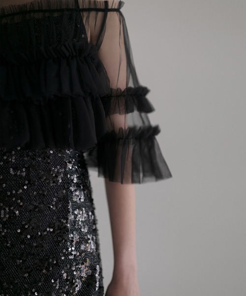 レジャ Leja チュールフリルオフショルダースパンコールIラインドレスワンピース2点セット美脚効果結婚式 パーティードレス 成人式 二次会 同窓会 Leja ドレス 「LEJA」チュールフリルオフショルダースパンコール
