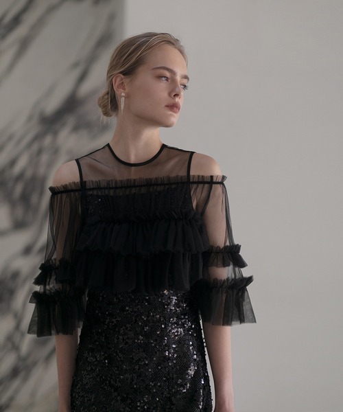 Leja ドレス 「LEJA」チュールフリルオフショルダースパンコール