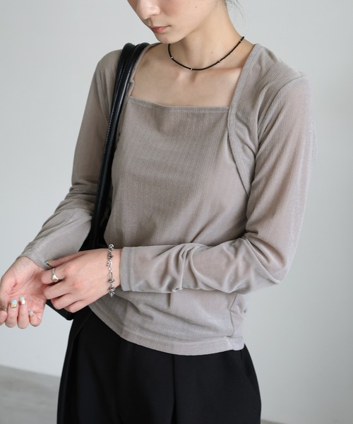 トップス　モカ select MOCA（セレクトモカ） tシャツ ストライプベロアスクエアネック