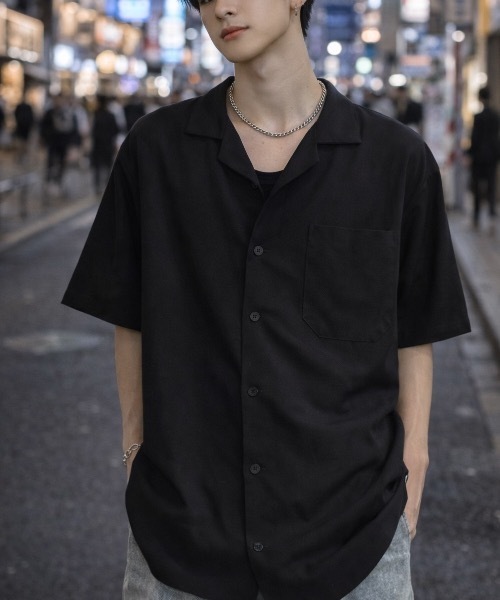 リネン混　日本製【Weirdo】半袖開襟シャツ　オープンカラーシャツ　黒　L CREARE -LINO- シャツ 半袖 半袖開襟シャツ/オープンカラーシャツ