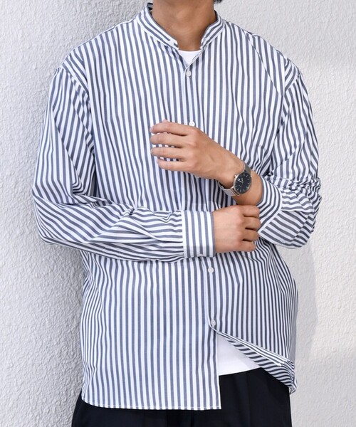 SHIPS any シャツ any: LIM BLESS ソリッド / ストライプ バンドカラー