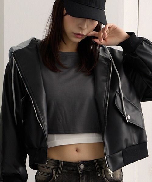 ADDITION STORE レザージャケット ライダース フード付き ワイド