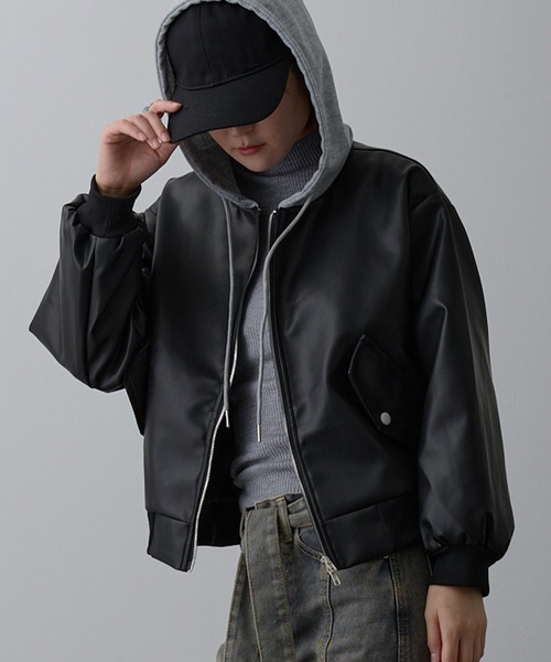 ADDITION STORE レザージャケット ライダース フード付き ワイド