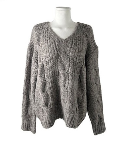 anyonemore ニット セーター ウール混ケーブル編みルーズVネックニット