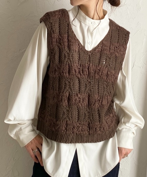 She's Closet ベスト ジレ ローゲージケーブル手編み風vネックショート