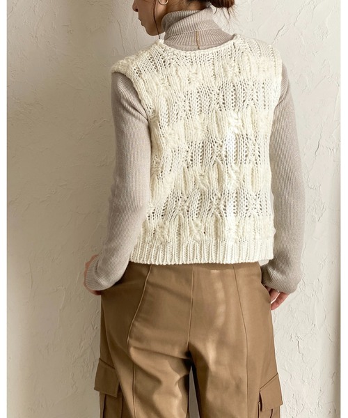 She's Closet ベスト ジレ ローゲージケーブル手編み風vネックショート