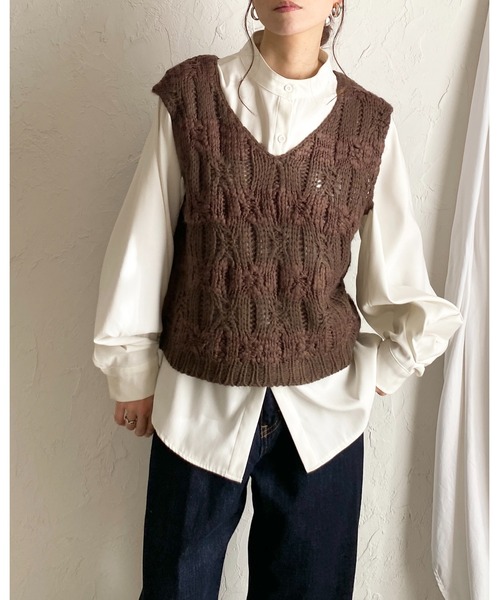 She's Closet ベスト ジレ ローゲージケーブル手編み風vネックショート