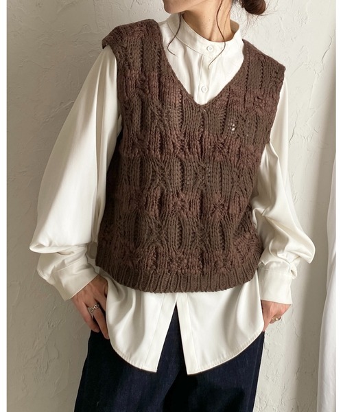 She's Closet ベスト ジレ ローゲージケーブル手編み風vネックショート