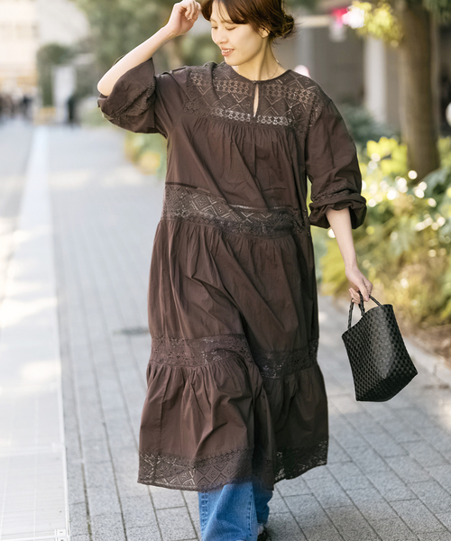 Spick & Span HYU レースギャザーワンピース ブラック ロング 新色有り / 追加》HYUレースギャザーワンピース（ワンピース）｜Spick