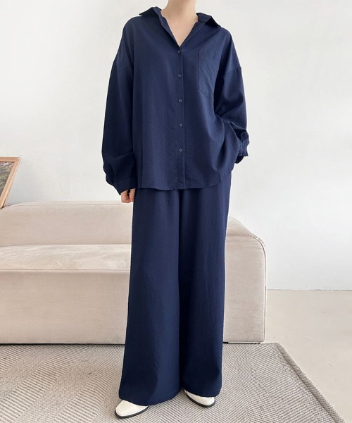 ローレン セットアップ 上下 シャツ 長袖 ワイドパンツ F M 紺 ネイビー セットアップ シャツ×ワイドパンツセットアップ レディース : ZOZOTOWN