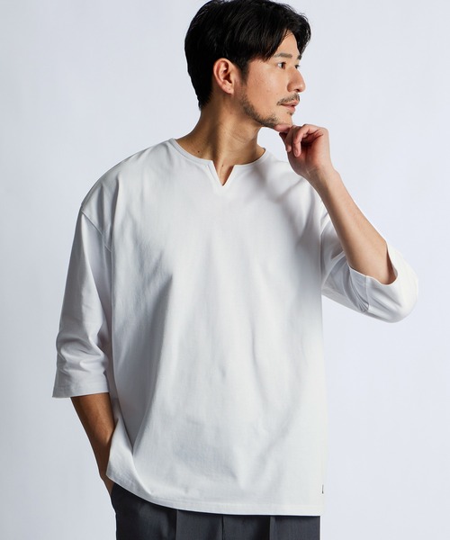 トップス LEWIN / WHITE gadidanoniem LANVIN en Bleu tシャツ シルキータッチ キーネック 7分袖 Tシャツ