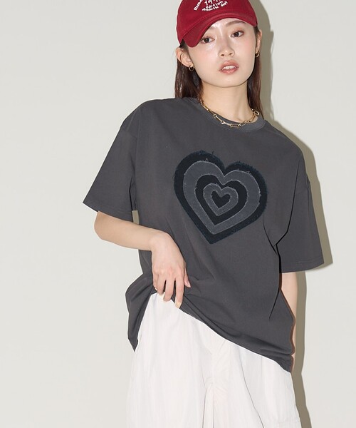 「PUBLUX」 半袖Tシャツ フリ- チャコールグレー レディース_画像3