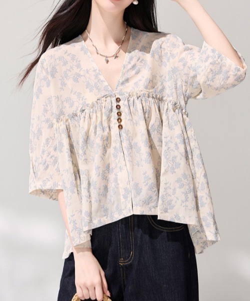Bibiy. 花柄刺繍 ペプラムブラウス 半袖 ワンピース 半袖 花柄ペプラムブラウス / ハーフスリーブ 幾何学模様