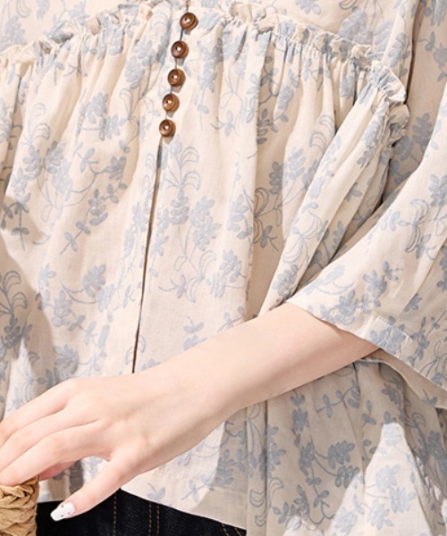 ワンピース 半袖 花柄ペプラムブラウス / ハーフスリーブ 幾何学模様