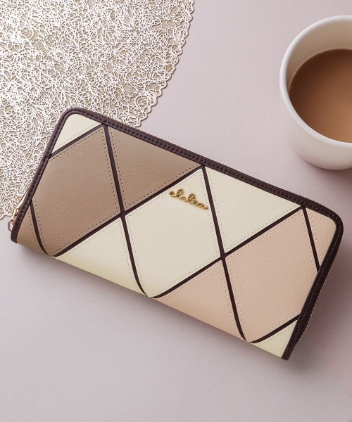 【kaoru】人気/クリームカラーベニワレン　平織りダイヤ柄　No.557 Clelia（クレリア） 財布 マルチカラーダイヤ柄ラウンドファスナー長