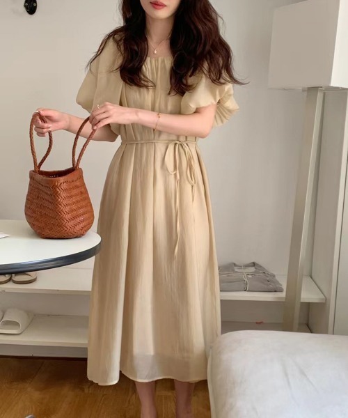 ★minagram★ ルル バンディング パフ柄ロングワンピース HUG.U ワンピース ロング ノースリーブ ロングワンピース