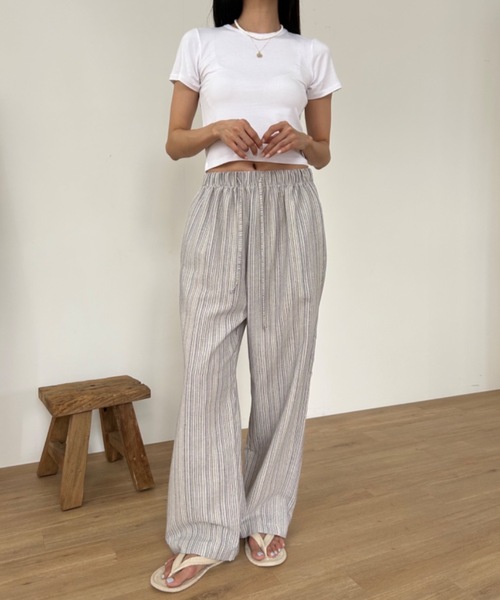Didot.showroom ワイドパンツ スラックス パンツ リネンストライプ